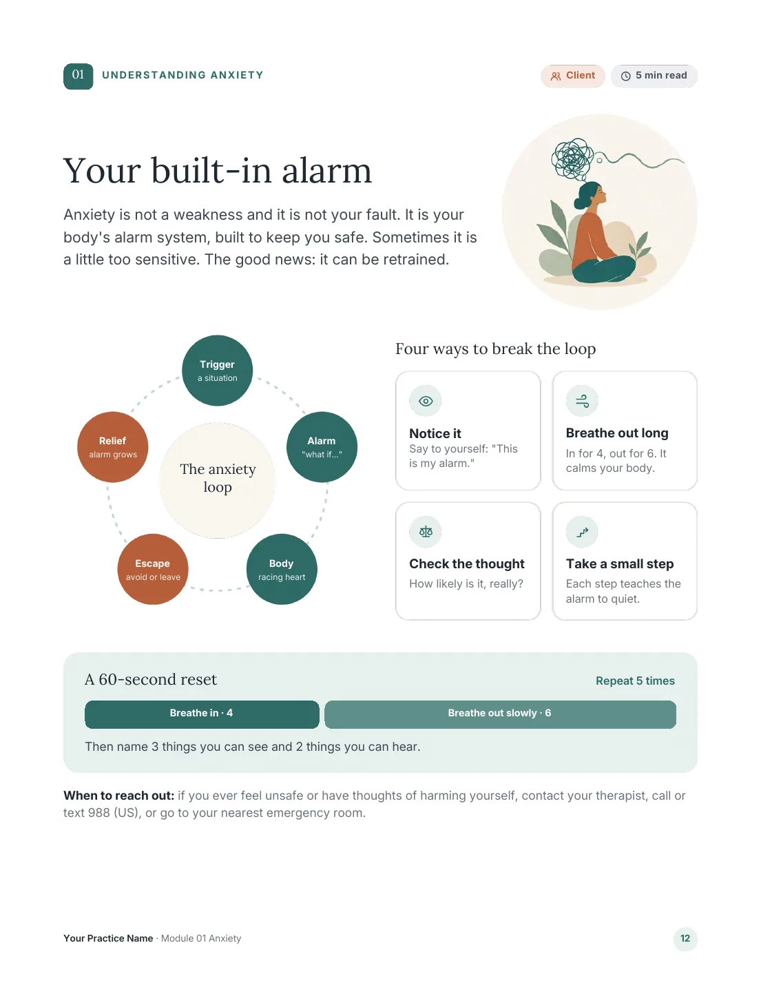 Anxiety Client Handout page titled Your built-in alarm