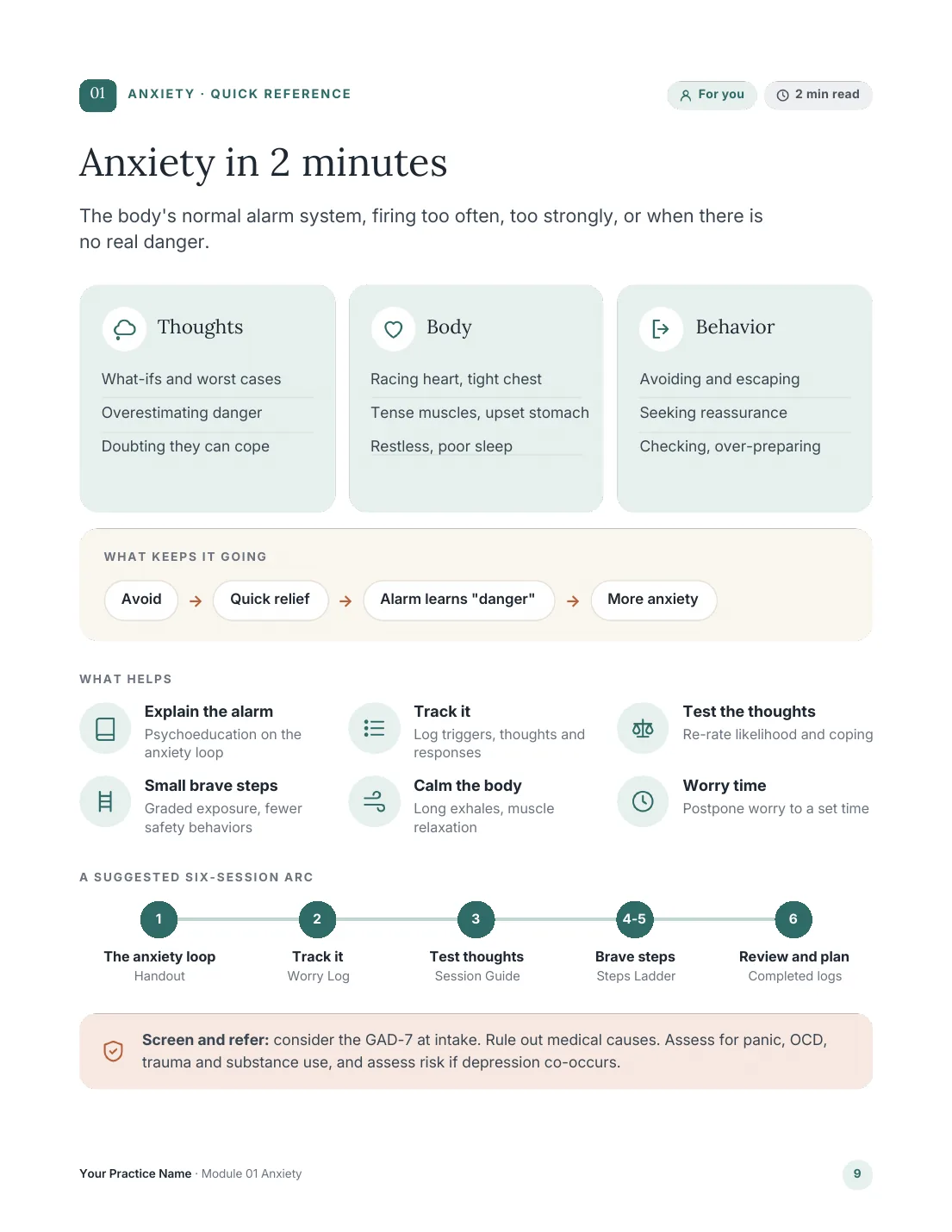 Anxiety Quick Reference page